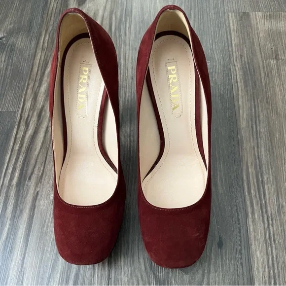 Prada NEW Authentic Burgundy Suede Platform Block Heels with Snakeskin Detail - Picture 6 of 14